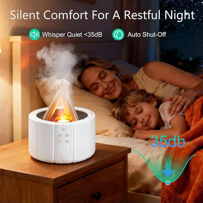 Campfire Flame Diffuser for Essential Oils, 250ml Ultrasonic Cool Mist Aromatherapy Humidifier with Remote Control, 7-Color LED Lights, Timer & Auto-Off for Home, Office & Bedroom (White)