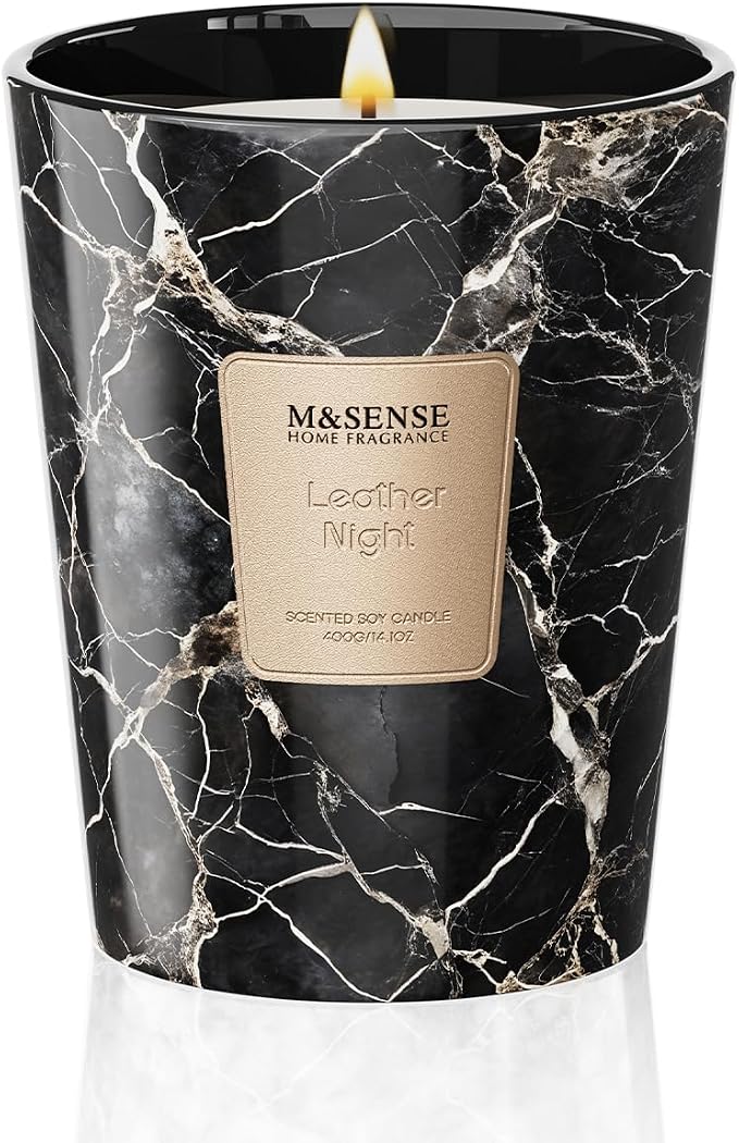 M&SENSE Leather Night Scented Soy Candle, 3 Wick Highly Scented 14.1 Oz 75H, Aromatherapy Christmas Gift for Women and Men