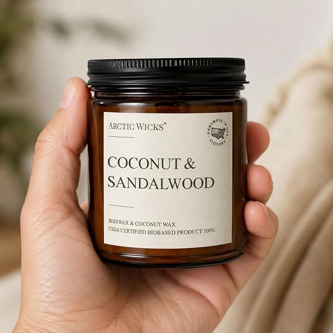 Arctic Wicks Scented Coconut Beeswax Candles | Coconut Beeswax Non Toxic Candle 9oz Amber | Farmhouse Candles Non-Toxic Clean Burn 100% USDA Certified Biobased (Coconut & Sandalwood)