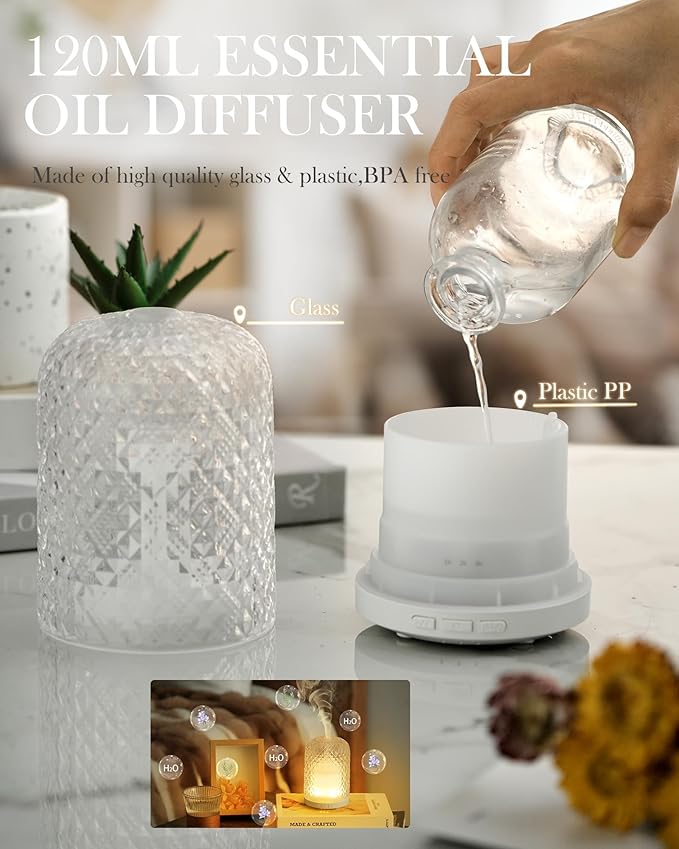 Essential Oil Diffuser - 2.4MHz Ultrasonic Glass Diffuser with Pulse/Continuous Mist & Night Light, Waterless Auto-Off, Silent Aromatherapy Diffuser for Home, Office, Yoga, Spa, Gifts & Home Decor.