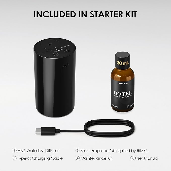 Waterless Essential Oil Diffuser Starter Kit, Battery Operated Diffuser Oil Machine, Portable Aroma Diffuser for Home Car Office, ANZ Black Kit-A