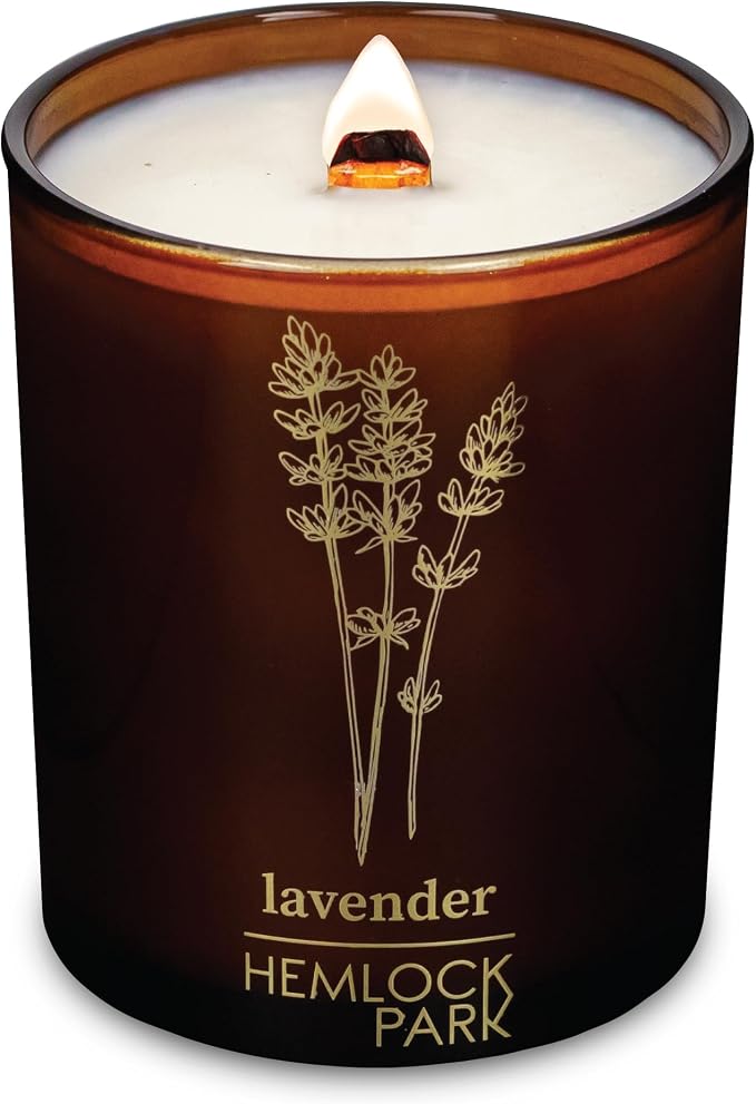 Hemlock Park Lavender Amber & Gold Scented Candle | Crackling Wood Wick, Botanical Fragrance & Coconut Apricot Wax | Up to 50 Hour Burn Time | 7.2 oz | Made in USA