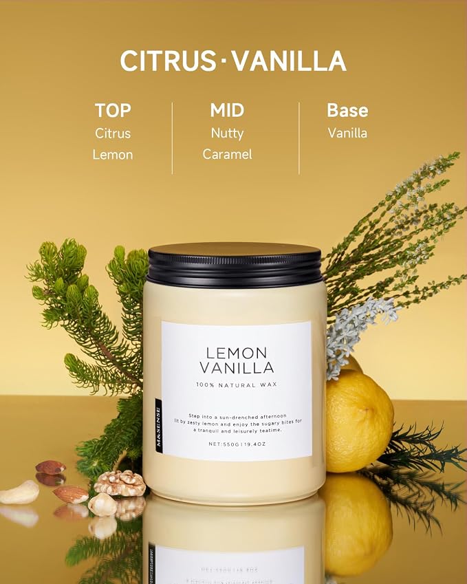 M&SENSE Lemon Vanilla Scented Candles, 19.4oz Organic Soy Wax, 110 Hours Long Lasting Slow Burn, Natural Candles Non Toxic, Fruity Scent Stress Relief Gifts for Women, Home Fragrance for Bath