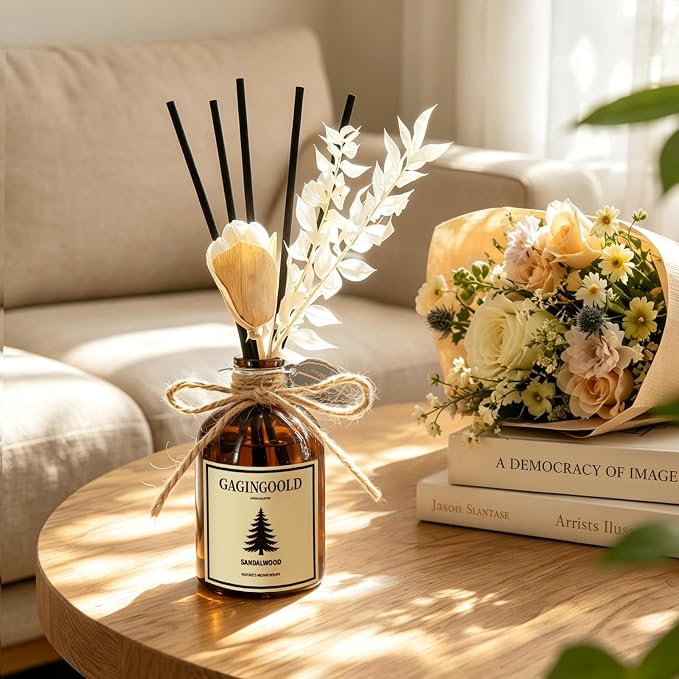 Sandalwood Reed Diffuser Set, Includes 10 Diffuser Sticks & Decorative Flower, Long Lasting Air Freshener for Bedroom Living Room, 5 fl.oz