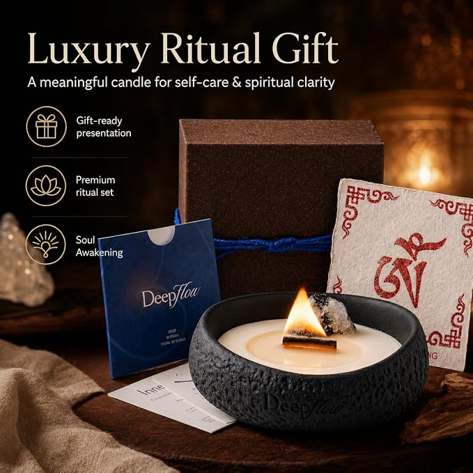 DEEP FLOW Luxury Crystal Ritual Candle - Inner Light with Black & White Moonstone, Clean Herbal Woody Scented Soy Wax for Meditation & Spiritual Clarity (Soul Awakening)