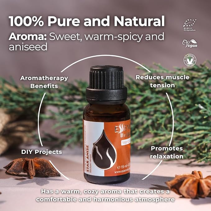 Essences Bulgaria Organic Star Anise Essential Oil 0.51 Fl Oz | 15ml | Illicium verum | 100% Pure | Natural | Undiluted | Therapeutic Grade | Aromatherapy | Cosmetics | Cruelty Free | Non-GMO | Vegan