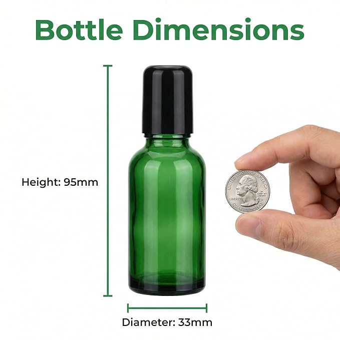 erioctry 6PCS 30ml Empty Portable Green Glass Roll on Bottles With Stainless Steel Ball and Black Cap For Perfume Essential Oil Roller Bottles Vial Container Pot Jar Attar Bottle