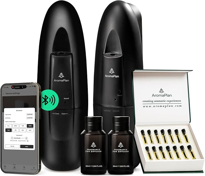 AromaPlan 5 Star Collection Plug in Diffuser (Fragrance+Sample Set Included)-Cold Air & Waterless Diffusers for Home & Office- Silent Wall Diffuser Plug in,Bluetooth App Control, 500 sq.ft -2 Devices