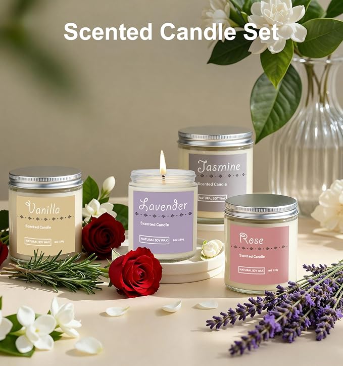Scented Candle Gift Set, 4 Pack 25oz Soy Wax Candles, 200 Hour Burn Time, Long Lasting Aromatherapy Candles for Home Fragrance, Ideal Gift for Women and Men – Lavender, Jasmine, Rose, Vanilla