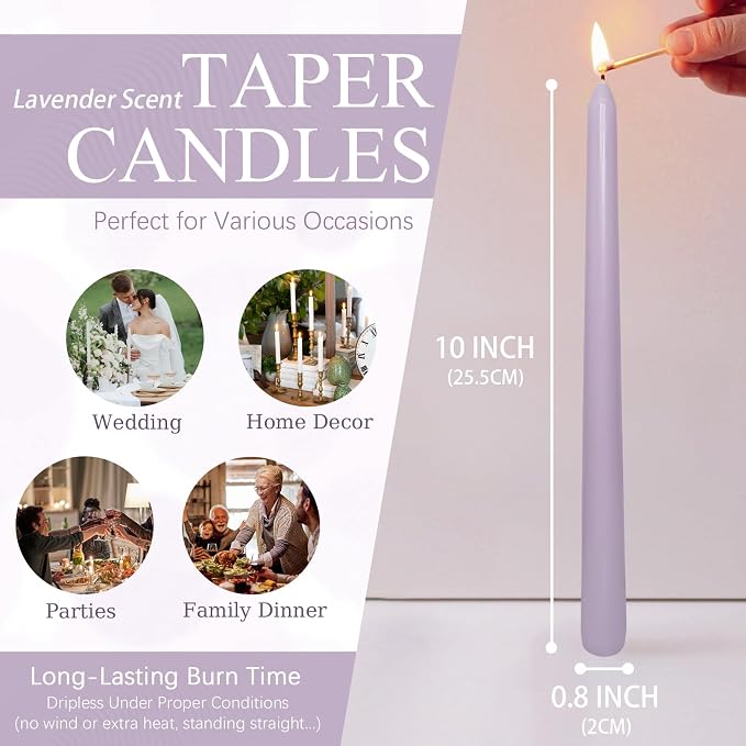 Candlesticks Long Taper Candle,Lavender Scented 10 Inches Purple Candle Sticks Smokeless Tapered Candles for Home Décor Holiday Gifts