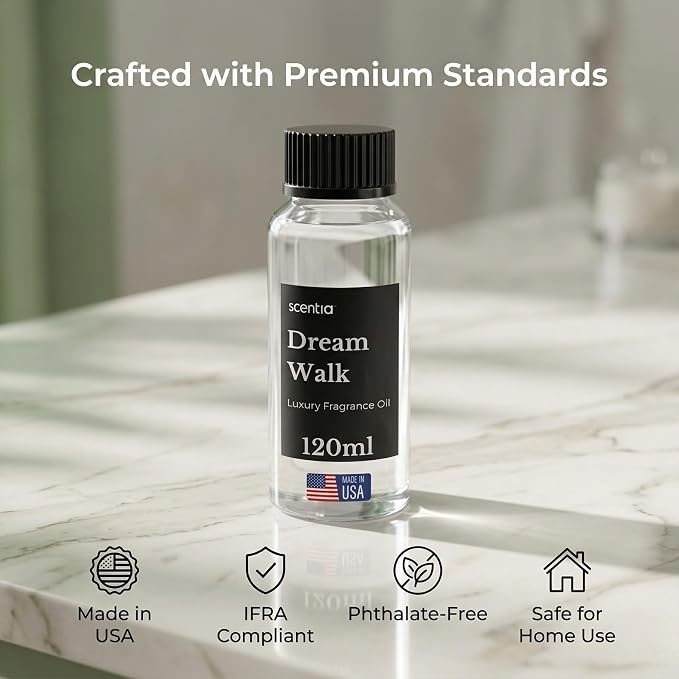 Scentia Dream Walk Diffuser Oil Refill – Hotel Fragrance Oil Inspired by 5-Star Spa Resort – 120 mL – White Tea, Cedarwood & Amber Long-Lasting Scent for Ultrasonic & Waterless Diffusers, Made in USA