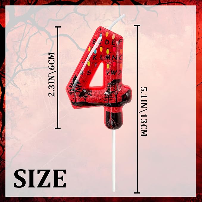 Red Number 4 Birthday Candle for Cake – Dark Horror Style with Alphabet Print & Shadow Design – Unique Cake Topper for Birthday, Anniversary, Themed Party Decoration