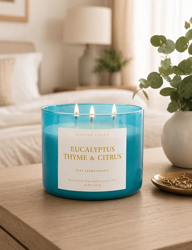 Eucalyptus Thyme Citrus Candle | 3-Wick Large Scented Soy Candle 15.8 oz | Aromatherapy Stress Relief Candles | Relaxing Herbal Spa Scent | Long Lasting Clean Burn