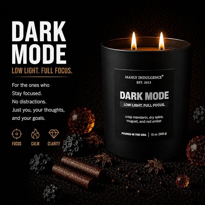 Manly Indulgence Dark Mode Scented Candle, 2 Wick, 13 oz, Premium Soy Blend Wax, Candles for Home Scented - Made in The USA
