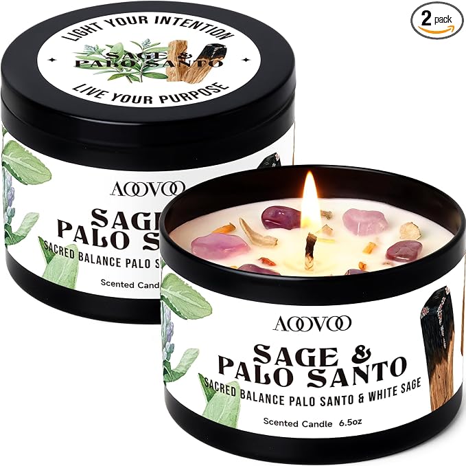 AOOVOO 2 Pack Sage & Palo Santo Candles – Cleansing Candle with Crystals, Sage Leaves & Palo Santo Wood, 13oz 100 Hours Long Lasting, Non Toxic Candle for Spiritual Energy Cleansing Meditation Yoga