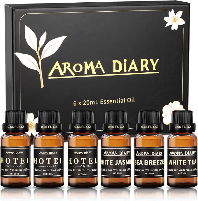 Essential Oil Set for Diffuser, 6x0.66fl oz Fragrance Oil Refill | Waterless Diffuser, Candle Making, Home Car Office Hotel, White Tea White Jasmine Sea Breeze, Aromatherapy Gift
