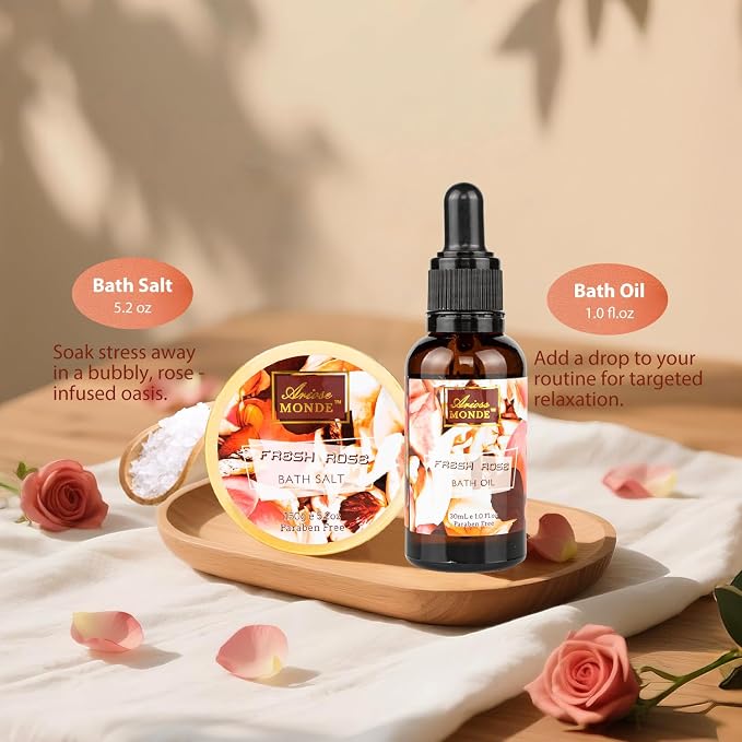 Fresh Rose Spa Gift Set for Women, 8-Piece Relaxing Bath Set with Shower Gel, Bubble Bath, Body Lotion, Self Care Gift for Any Occasion, Birthday Gifts for Women, Spa Kit for Mom Gifts