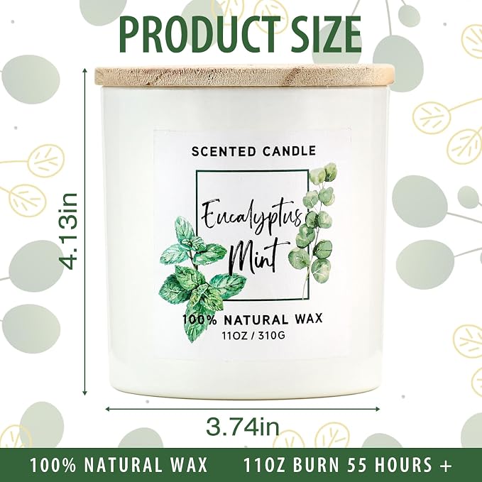 Eucalyptus & Mint Scented Candle,White Candles for Home Scented,Aromatherapy Candle,Stress Relief Candle,Christmas Gift for Women Men,Natural Soy Wax Candle,11oz
