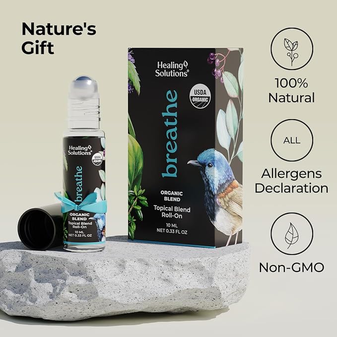 Healing Solutions (2 Pack) Organic Breathe Essential Oil Blend Roll-On Perfume - USDA Certified Aromatherapy Oil Roller for Sinus Ease