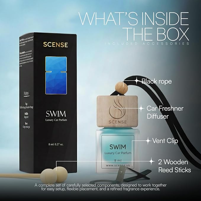 SWIM Luxury Car Air Freshener for Men & Women | Perfume Style Car Fragrance Diffuser & Vent Clip | Odor Eliminating Long Lasting Fresh Car Scent Refillable | Premium Car Scent by SCENSE
