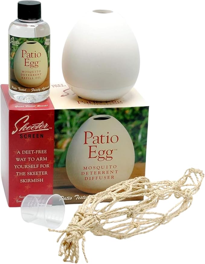 Skeeter Screen Patio Egg Diffuser – Decorative Essential Oil Set with 3-Month Supply – No Flame or Power – Includes Beaker & Netting – Patios, Garages, Stables – Covers Up to 300 Sq Ft