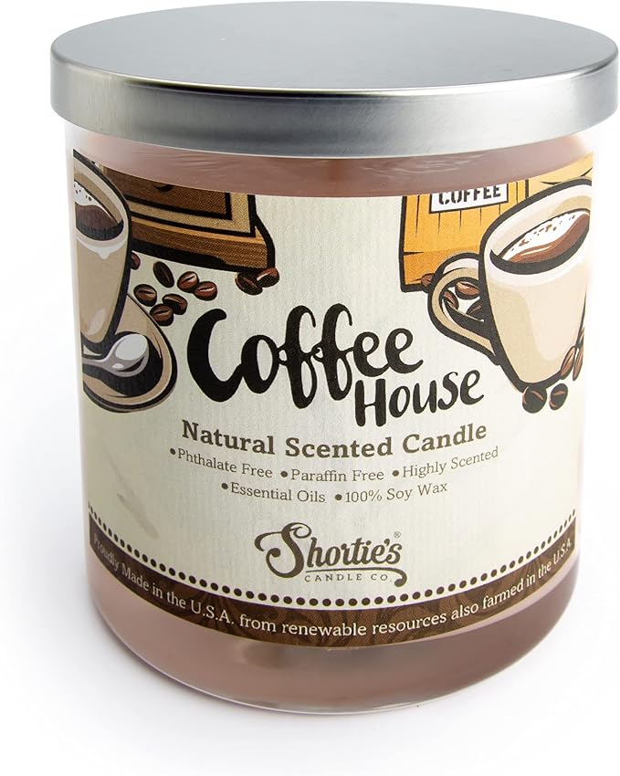 Coffee House Scented Natural Soy Candle, Essential Fragrance Oils, 100% Soy, Phthalate & Paraben Free, Clean Burning, 9 Oz.