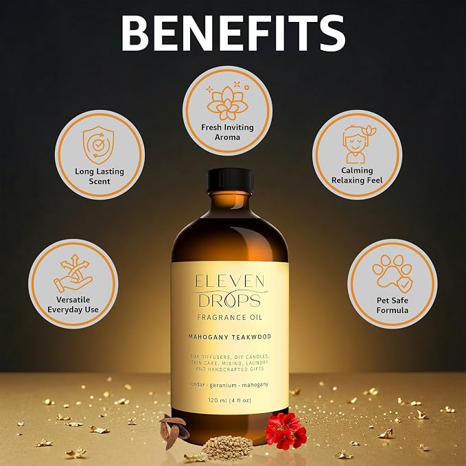 Mahogany Teakwood Fragrance Oil | Cedar, Geranium & Mahogany Notes | Long Lasting Scent Reed Diffuser Oil for Home, Office, Hotel, Car & Linen Spray | Pet Friendly IFRA Compliant, 4 oz