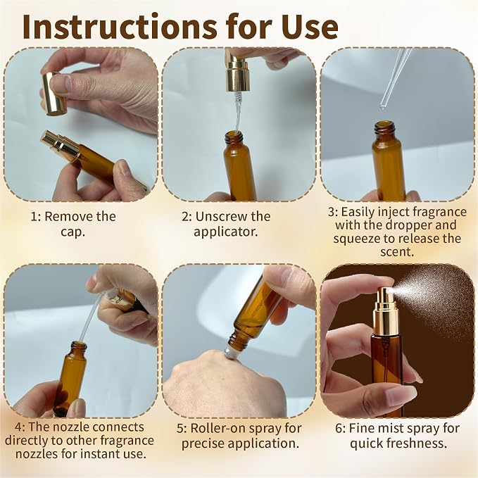 Double Ended Perfume Bottle With Roller Ball &Spray:4 PCS 10ml Amber Refillable Leakproof Travel Atomizer Facial Care with Funnel Tool for Perfume,Cologne,Essential Oils