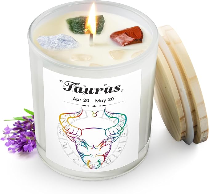 Taurus Gifts for Women, Zodiac Taurus Candle with Healing Crystals,Taurus Birthday Gifts for Womenr, Mom, Sister, Friends, Meditation, Yoga, Relaxation (7oz)