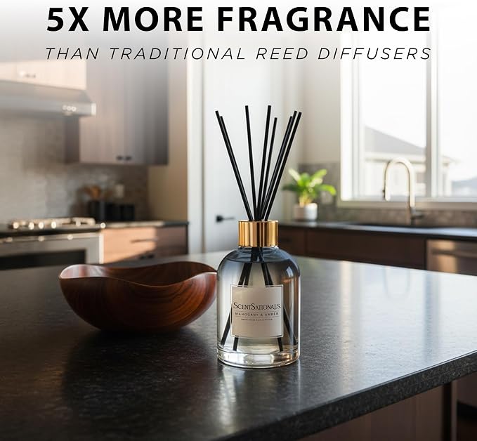 ScentSationals Water-Based Reed Diffuser - Mahogany & Amber - 5 FL OZ Aromatherapy Reed Diffuser