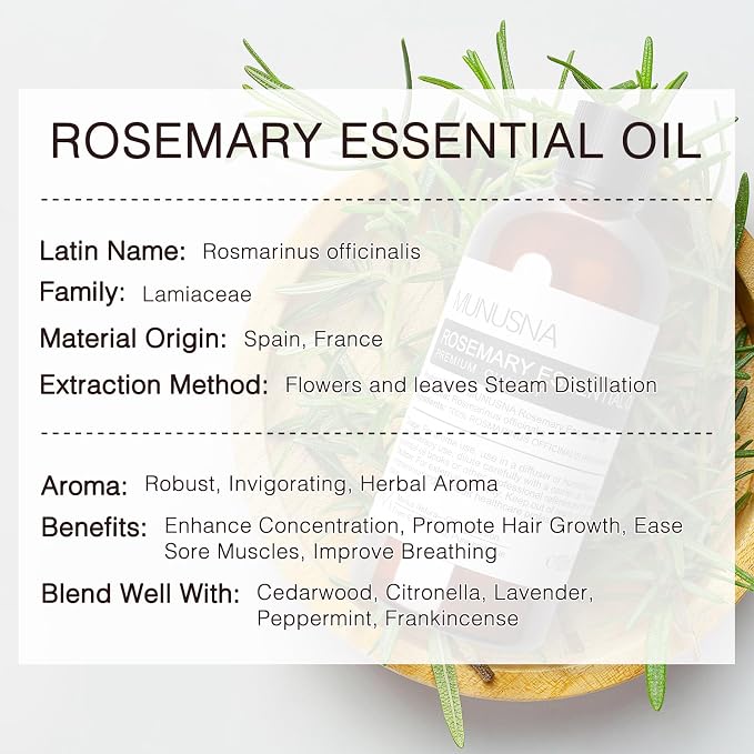 Rosemary Essential Oil 100ML, 100% Pure Rosemary Oil for Hair Growth, Premium Grade Aromatherapy Oils for Skin Care, Body Massage, Diffuser, Soap and Candle Making