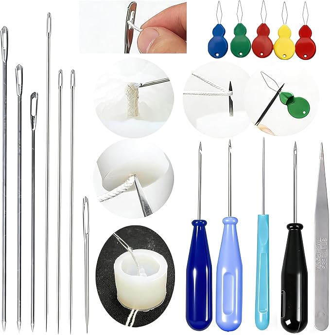 TYMKLMZG 17PCS Big Hole Long Needle for Silicone Taper molds,Hook Punch Needle, Candle Tool Inserting Wick,Awl for Candle Making,Long Needle to Poke Hole in Silicone Mold