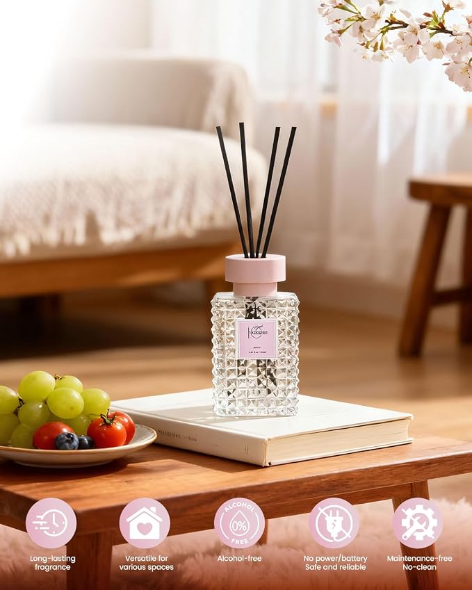 Reed Diffuser Set, Sakura Scented Home Fragrance Air Freshener for Bathroom Shelf Decor, 5.07 fl oz/150ml Essential Oil with Sticks