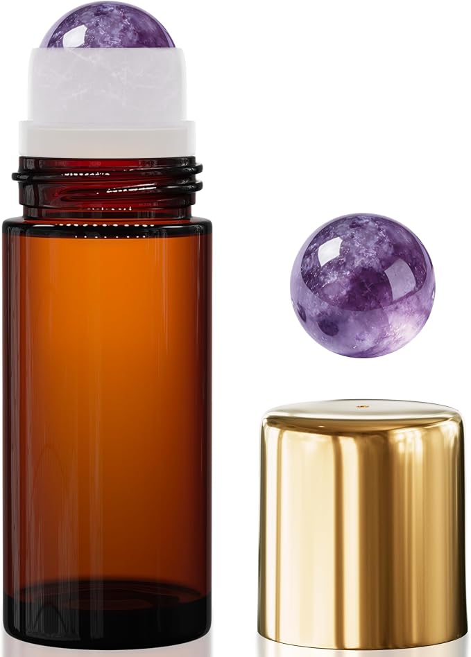 PrettyCare Rose Quartz Roller Bottles for Essential Oils, 50ml Roll On Bottles with Natural Crystal Roller Ball Applicator, Refillable Amber Glass Perfume Bottle (1 Pack, Purple Roller)