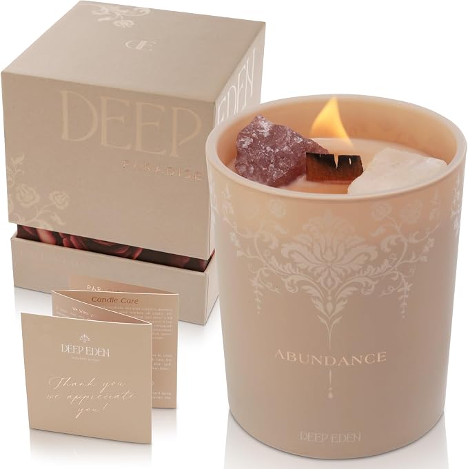 Luxury Crystal Candle for Women - Velvet Rose & Patchouli Scented Aromatherapy Candle - Manifestation Candle with Strawberry and Clear Quartz Crystals -7.4oz Natural Coconut, Soy Wax Wood Wick Candles