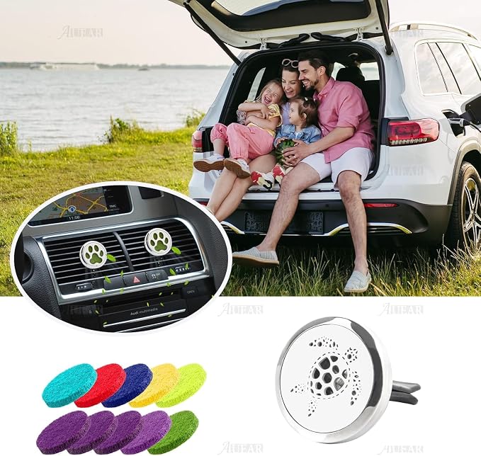 AUEAR, Turtle Car Diffuser Vent Clip - 30mm Aromatherapy Essential Oil Metal Car Diffuser Vent Clips with 10 Refill Pads