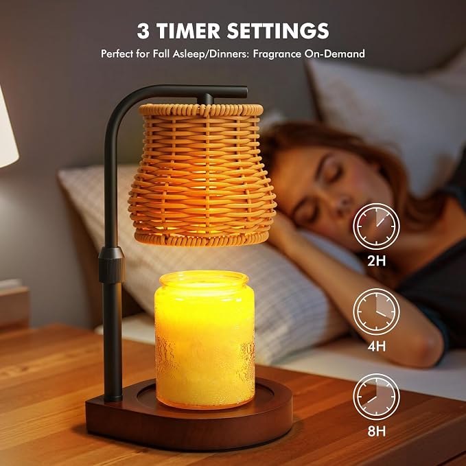 Candle Warmer Lamp with Timer & Dimmer - Electric Wax Melt Warmer with Adjustable Height for Scented Candles, Rattan Design for Home Decor, Mothers Day Gifts, Housewarming (Gold)