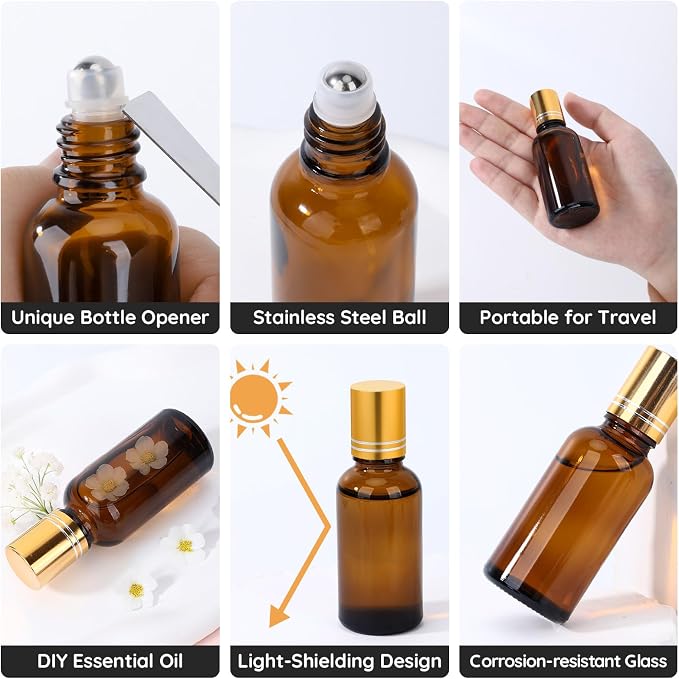 Segbeauty 1oz Thick Amber Glass Roller Ball Applicator, 5pcs Refillable Perfume Roller Bottles for Essential Oils, 30ml Travel Size Roll On Bottle for Eye Essence, Empty Rollerball Bottles for Oil