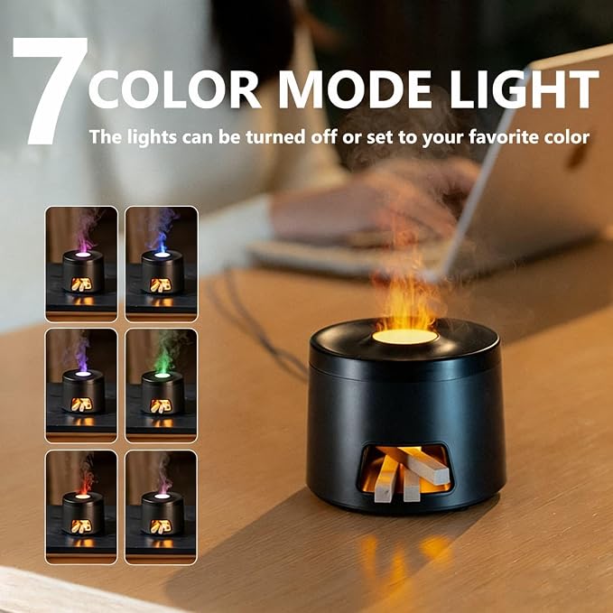 180ml Quiet Aromatherapy Diffuser, Ultrasonic Essential Oil Humidifier with Auto Shut-Off & 7-Color Flame Light for Home Bedroom Living Room Kitchen (Black)