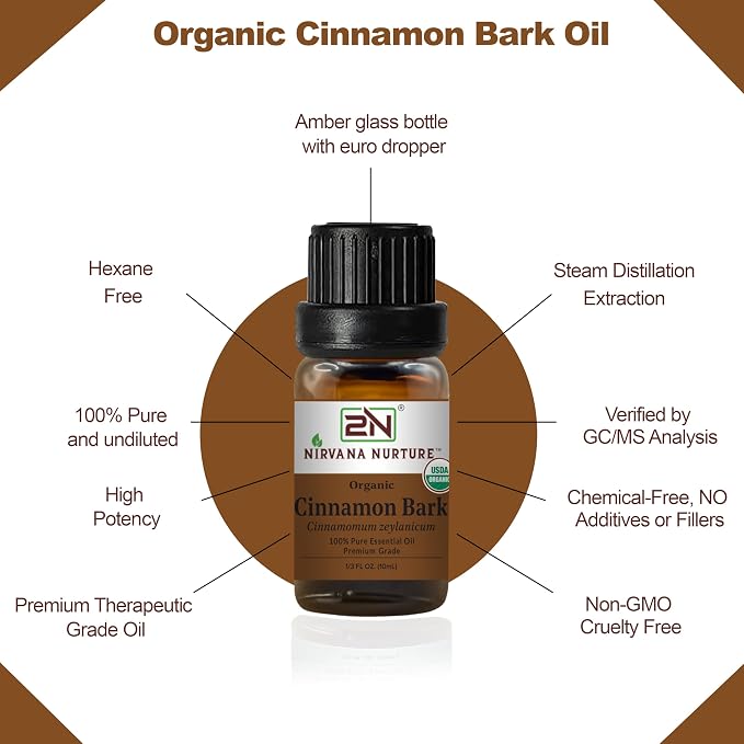 Cinnamon Bark Essential Oil, USDA Certified Organic, 100% Pure Undiluted, Aromatherapy Oil for Diffuser, Hair & Skin Care