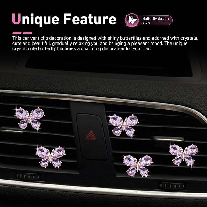 5PCS Bling Butterfly Car Air Vent Clips, Rhinestone-studded Vehicle Vent Trim Decor Accessories, Cute Creativity Crystal Butterfly Diffuser, Universal for Most Vehicles (Pink)
