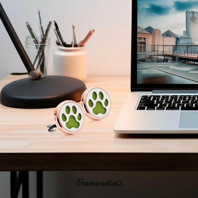 Framendino, 1 Pack Dog Paw Print Essential Car Oil Diffuser with 10 Felt Refill Pads Aromatherapy AIR Freshener Vent Clip Lockets for Men Women Gifts