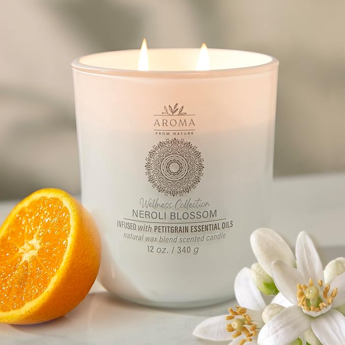 House of Velas, Aroma from Nature Wellness Collection Candle, 12 oz, 2 Cotton Wicks, Neroli Blossom, Large Painted Jar