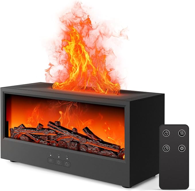 Fireplace Flame Air Diffuser Humidifier,7 Colors Aromatherapy Essential Oil Diffuser, Ultrasonic Aroma Humidifier with Remote Control & Timer for Bedroom, Home, Office, Yoga (Black)