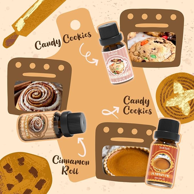 Soulorigin Bakery Essential Oils Set, Fragrance Oil Set for Diffuser, Scent Diffuser Oil for Candle Making- Chocolate Cookies, Creamy Vanilla, Coffee Cake, Pumpkin Pie, Candy Cookies, Cinnamon Rolls