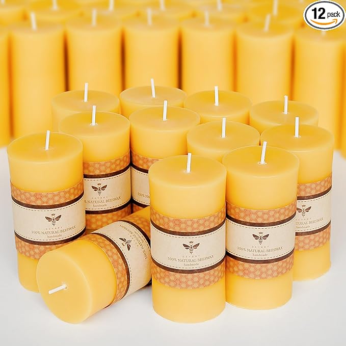 DEYBBY 2 x 4 inch Natural Beeswax Pillar Candles Set of 12, Smokeless Dripless Pure Beeswax Candle Bulk with Natural Scent for for Home Decor Blackout Housewarming Party Event, Long Burn, Yellow