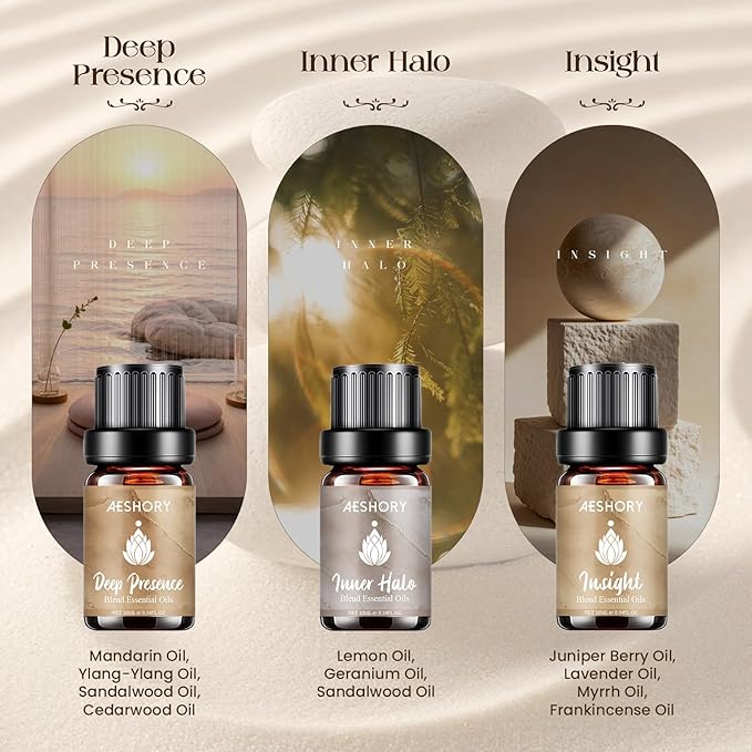 AESHORY Meditation Essential Oils Set, 6 Aromatherapy Blend Oils for Diffusers for Home, Yoga, Mindfulness & Relaxation, Deep Presence, Inner Halo, Grounding, Sacred Breath, Gift Set 6 x 10ML