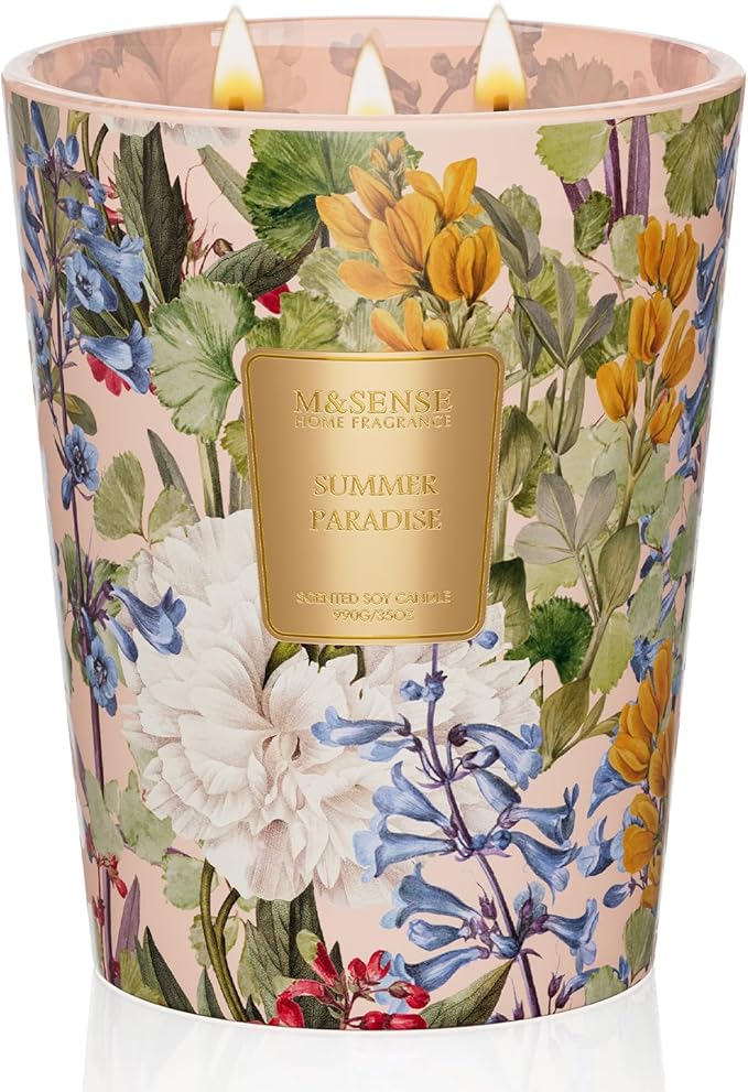 M&SENSE Summer Paradise Soy Candle, Large 35oz 3 Wick Non Toxic 150H, Summer Citrus Vacation Scent, Natural Aromatherapy Calm Stress Relief Gifts