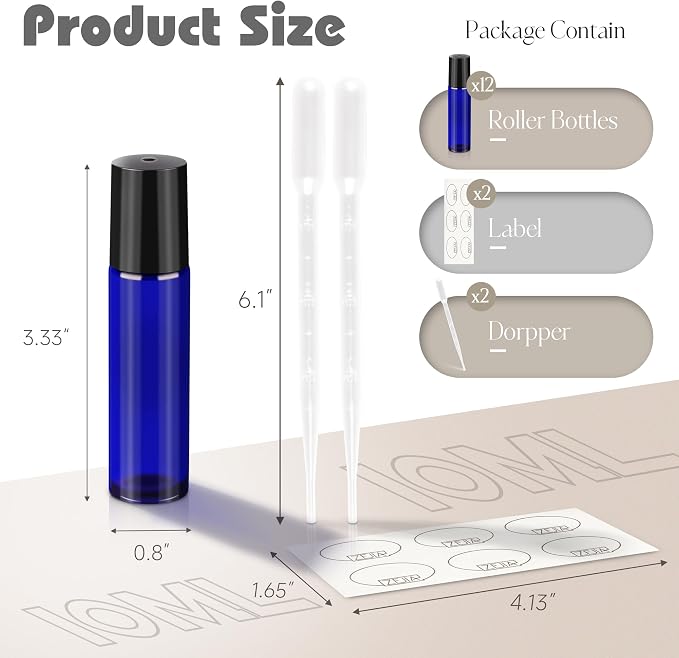 10ml roller bottles for essential oils, 12 Pack Roll on Bottles, Cobalt Blue Thick Glass Roller Bottles for Oils, with Stainless Steel Roller Balls, 2 Droppers