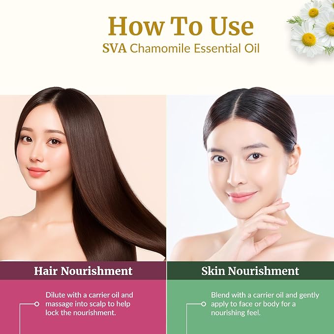 SVA Chamomile Essential Oil – 1/3 Fl Oz – 100% Natural Chamomile Oil - for Diffuser, Hair Care, Face, Skin Care, Aromatherapy, Scalp and Body Massage, Soap and Candle Making